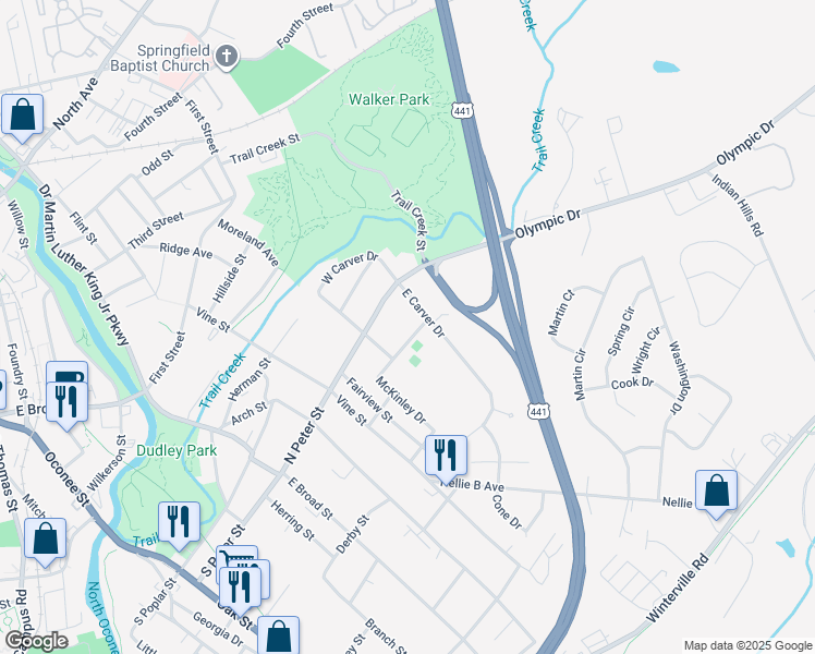 map of restaurants, bars, coffee shops, grocery stores, and more near 246 McKinley Drive in Athens