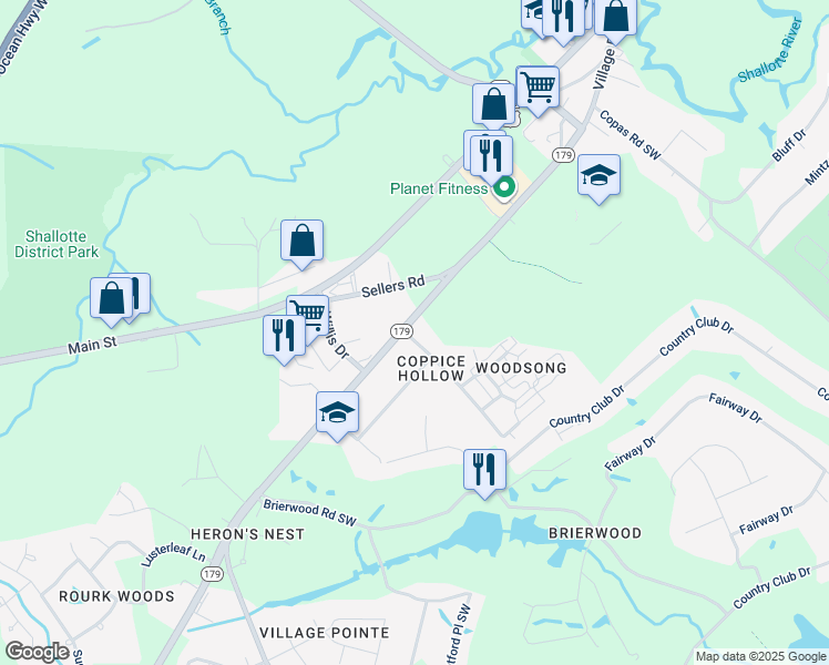 map of restaurants, bars, coffee shops, grocery stores, and more near 511 Village Road in Shallotte