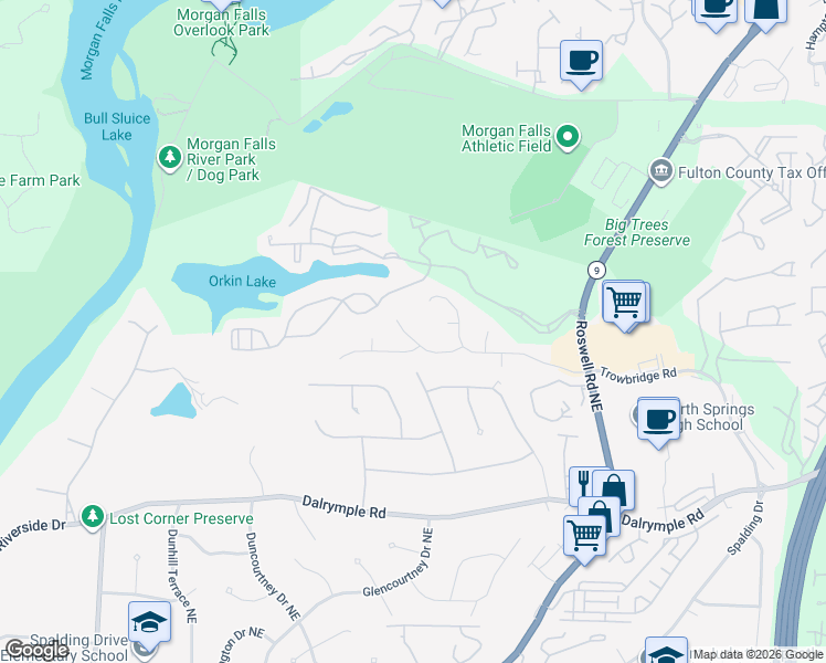 map of restaurants, bars, coffee shops, grocery stores, and more near 445 Trowgate Lane in Sandy Springs