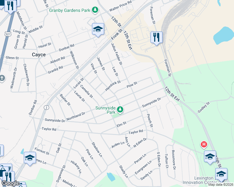 map of restaurants, bars, coffee shops, grocery stores, and more near 1309 Pine Street in Cayce