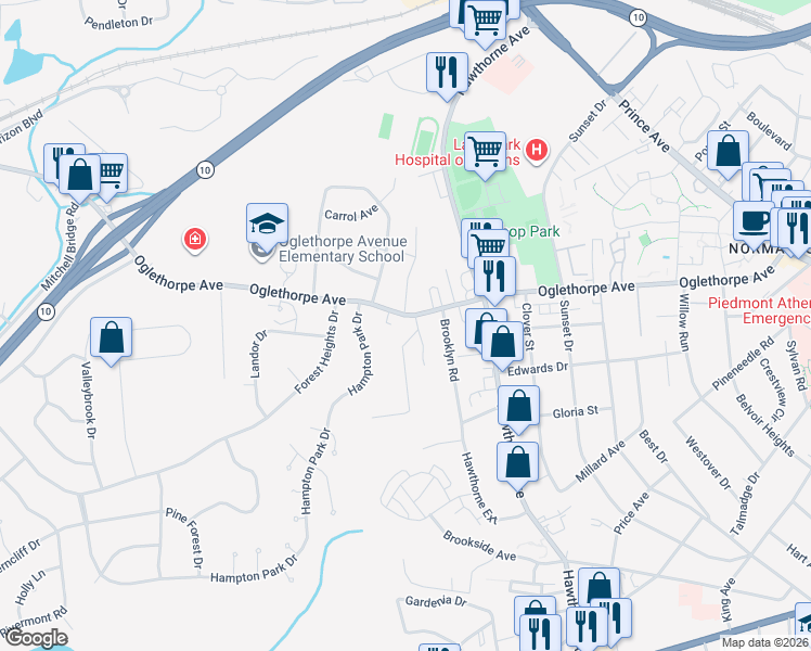 map of restaurants, bars, coffee shops, grocery stores, and more near 955 Oglethorpe Avenue in Athens