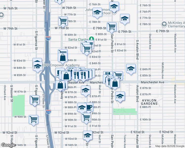 map of restaurants, bars, coffee shops, grocery stores, and more near 123 East 85th Street in Los Angeles