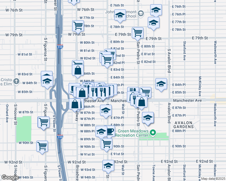 map of restaurants, bars, coffee shops, grocery stores, and more near 8464 South Main Street in Los Angeles