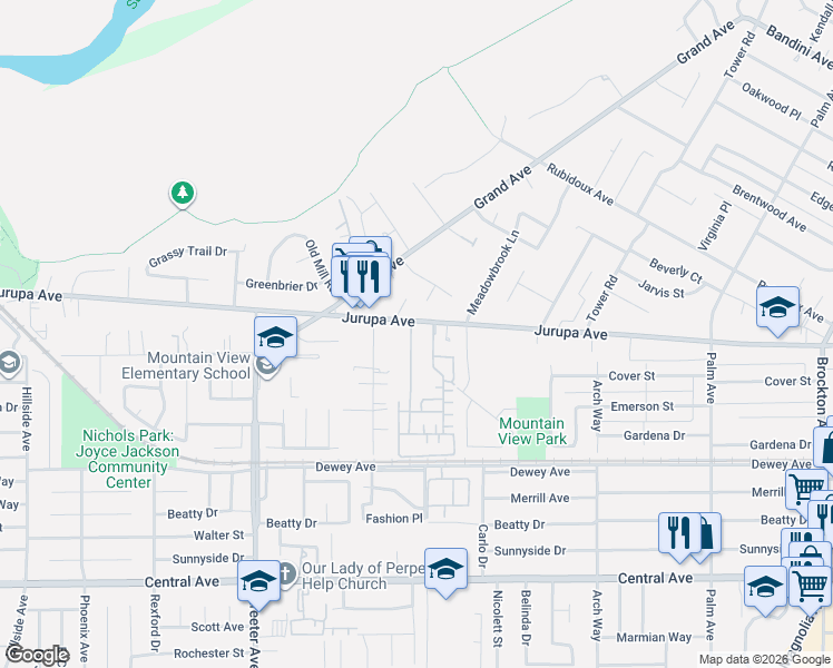 map of restaurants, bars, coffee shops, grocery stores, and more near 4985 Jurupa Avenue in Riverside