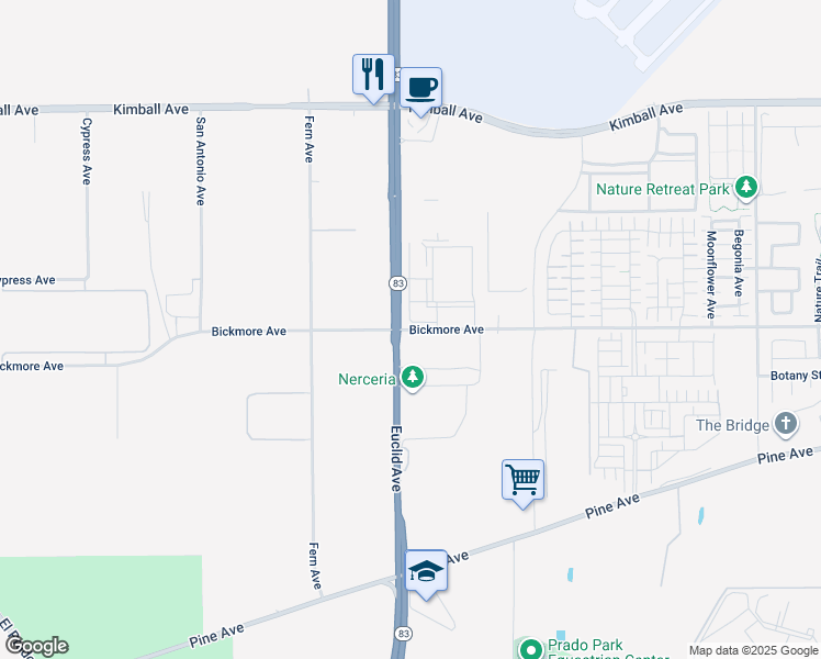map of restaurants, bars, coffee shops, grocery stores, and more near 7110 Bickmore Avenue in Chino