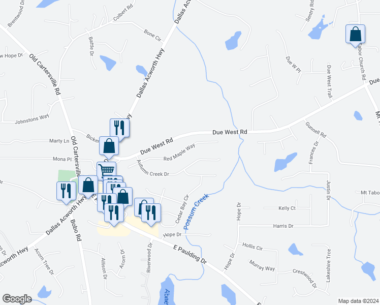 map of restaurants, bars, coffee shops, grocery stores, and more near 258 Red Maple Way in Dallas