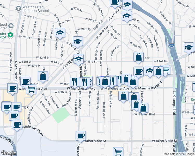 map of restaurants, bars, coffee shops, grocery stores, and more near 8425 Ramsgate Avenue in Los Angeles