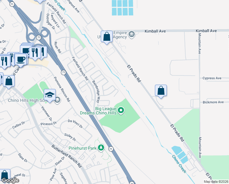 map of restaurants, bars, coffee shops, grocery stores, and more near 5795 Milgrove Way in Chino Hills