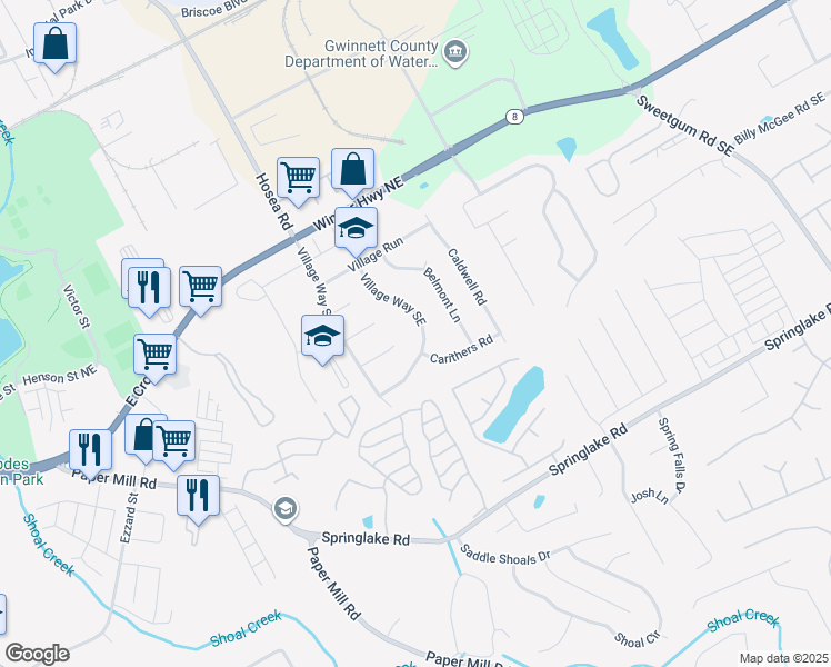 map of restaurants, bars, coffee shops, grocery stores, and more near 167 Village Way Southeast in Lawrenceville