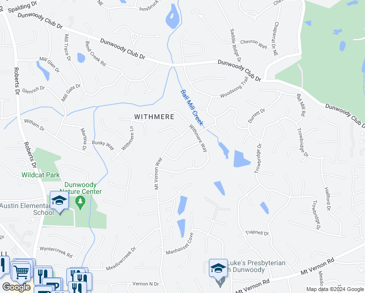 map of restaurants, bars, coffee shops, grocery stores, and more near 1552 Summerset Drive in Dunwoody