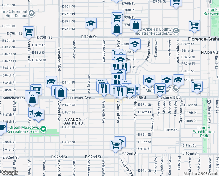 map of restaurants, bars, coffee shops, grocery stores, and more near 923 East 85th Street in Los Angeles