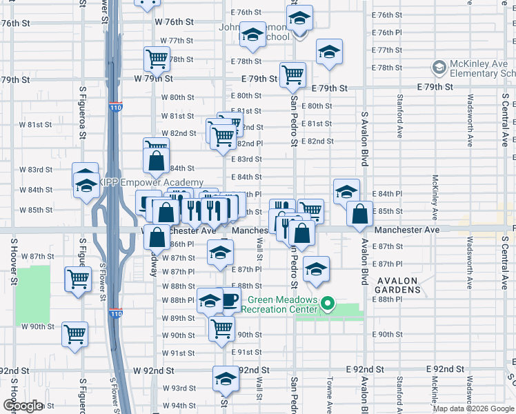 map of restaurants, bars, coffee shops, grocery stores, and more near 156 East 84th Place in Los Angeles