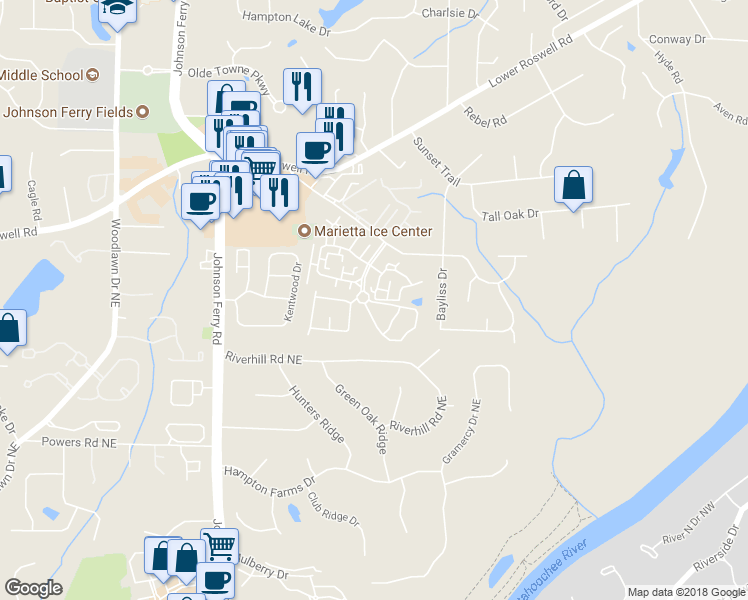 map of restaurants, bars, coffee shops, grocery stores, and more near 5053 Gardenia Circle in Marietta