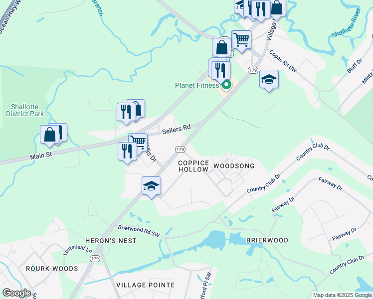map of restaurants, bars, coffee shops, grocery stores, and more near 511 Village Road in Shallotte