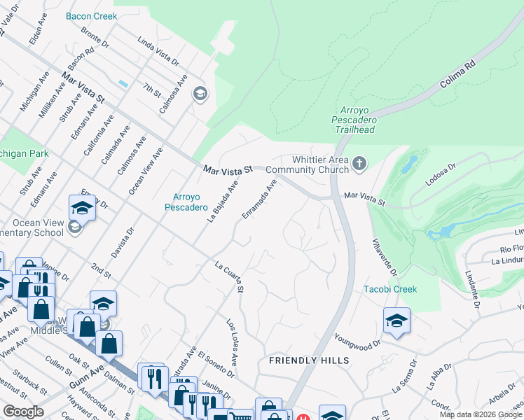 map of restaurants, bars, coffee shops, grocery stores, and more near 14865 Victor Court in Whittier