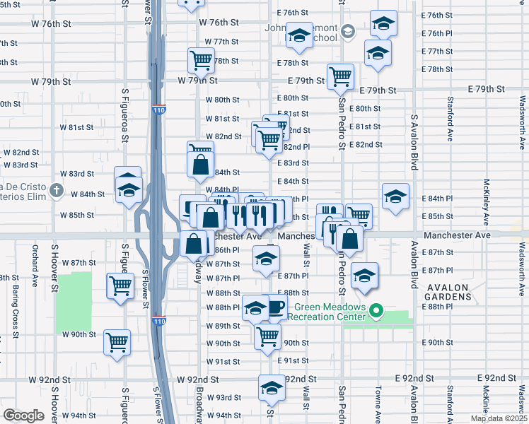 map of restaurants, bars, coffee shops, grocery stores, and more near 8464 South Main Street in Los Angeles