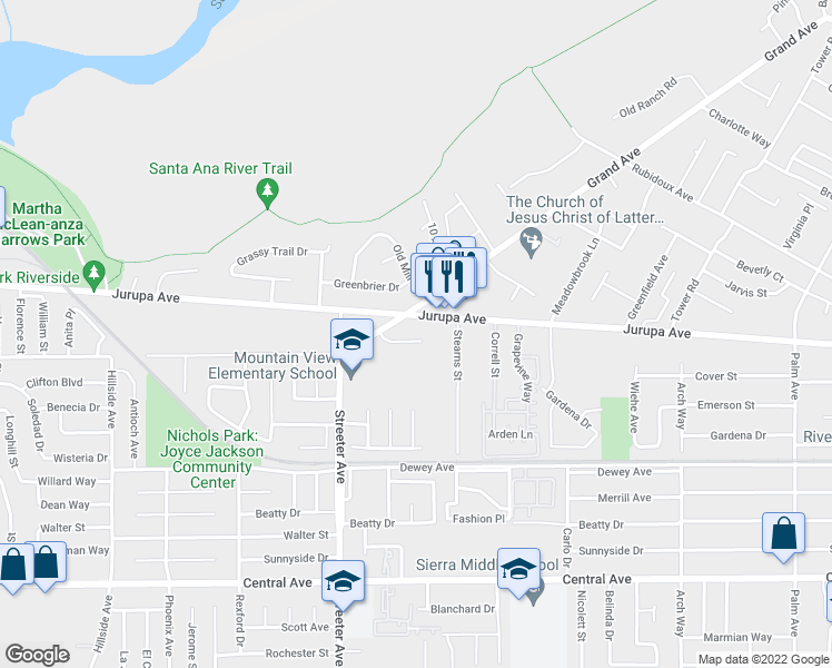 map of restaurants, bars, coffee shops, grocery stores, and more near 5171 Wroxton Drive in Riverside