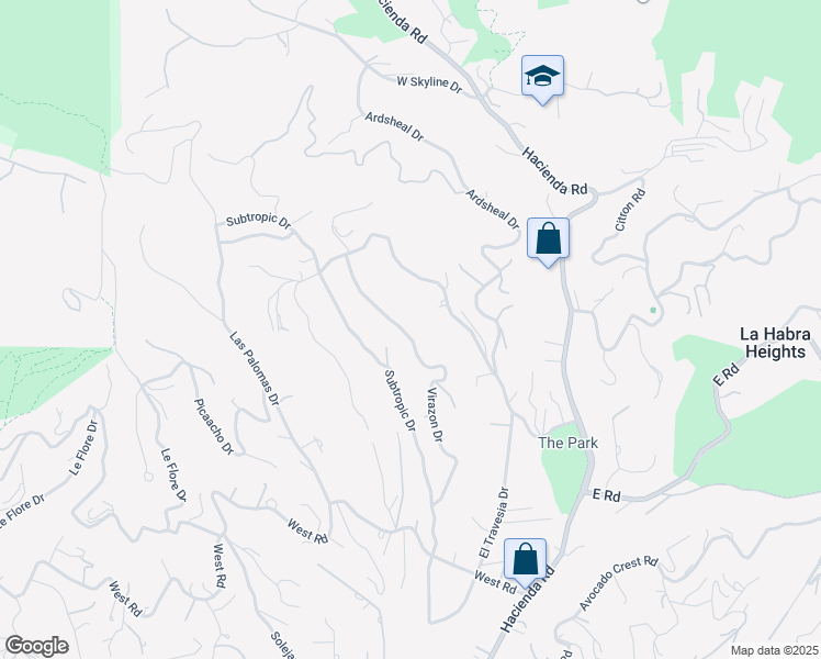 map of restaurants, bars, coffee shops, grocery stores, and more near 2034 Virazon Drive in La Habra Heights