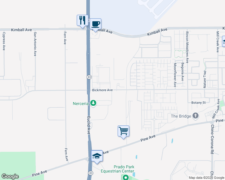 map of restaurants, bars, coffee shops, grocery stores, and more near Bickmore Avenue in Chino