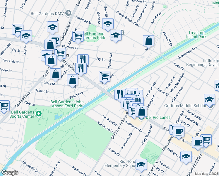 map of restaurants, bars, coffee shops, grocery stores, and more near Rio Hondo Bike Path in Bell Gardens