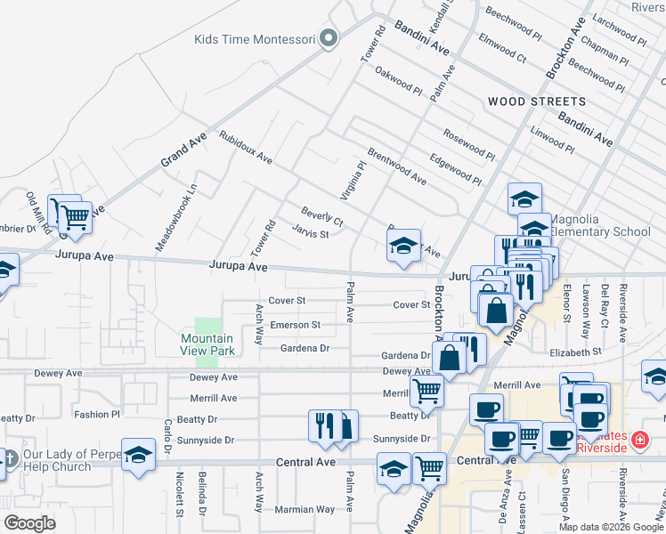 map of restaurants, bars, coffee shops, grocery stores, and more near 4539 Jurupa Avenue in Riverside