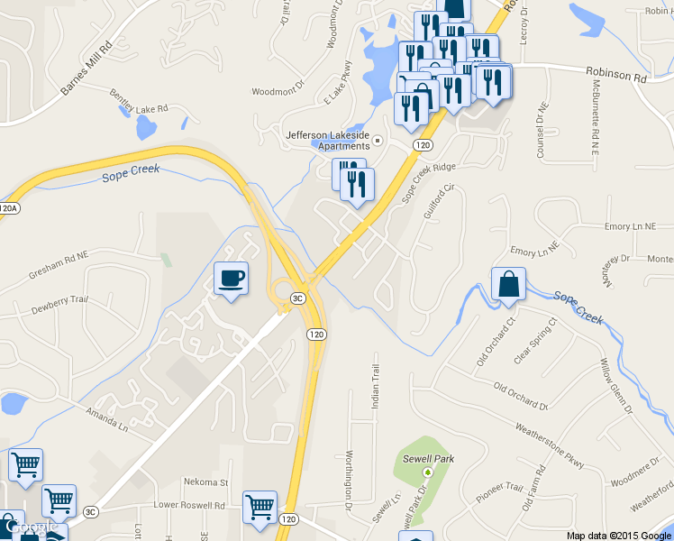 map of restaurants, bars, coffee shops, grocery stores, and more near 1946 Roswell Road in Marietta