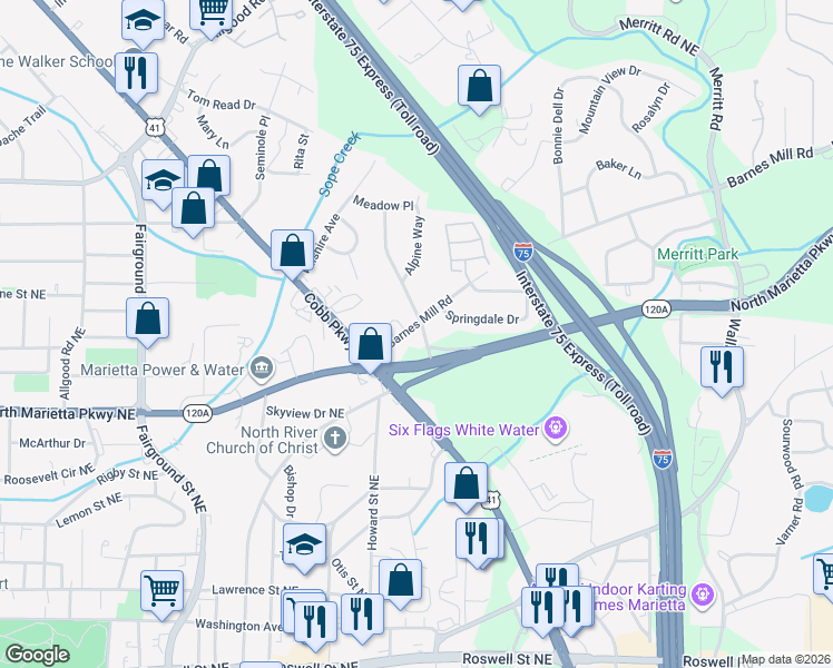 map of restaurants, bars, coffee shops, grocery stores, and more near 862 Barnes Mill Road in Marietta