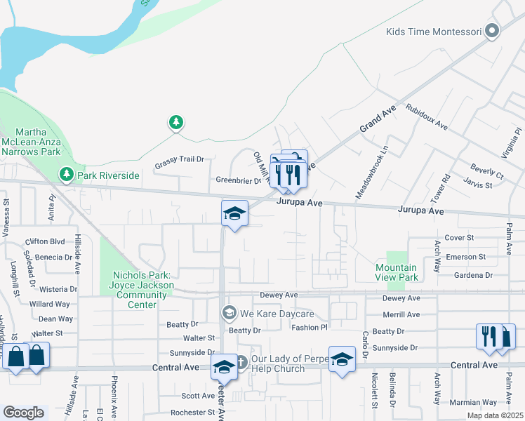 map of restaurants, bars, coffee shops, grocery stores, and more near 5201 Wroxton Drive in Riverside