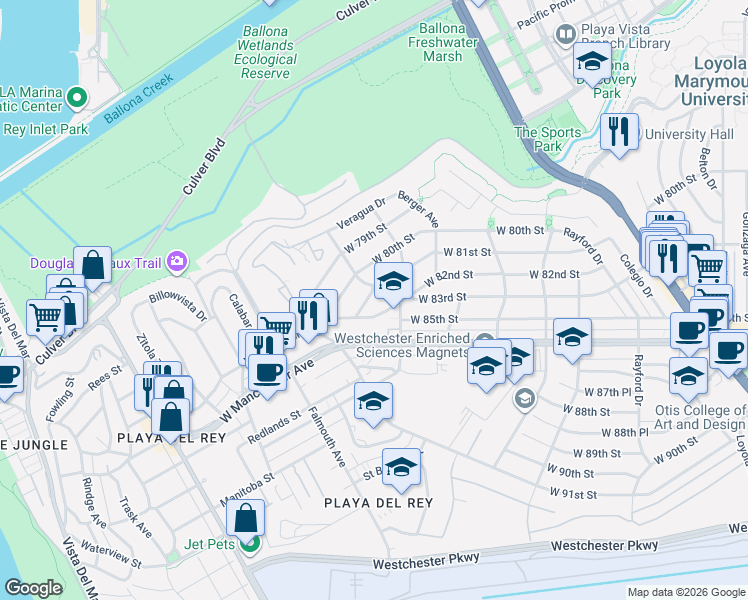 map of restaurants, bars, coffee shops, grocery stores, and more near 7908 West 81st Street in Los Angeles
