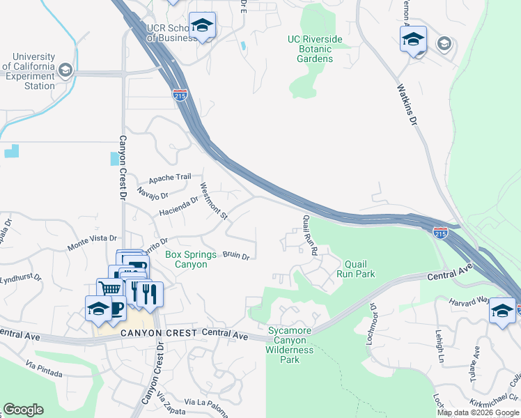 map of restaurants, bars, coffee shops, grocery stores, and more near 5002 Trojan Court in Riverside