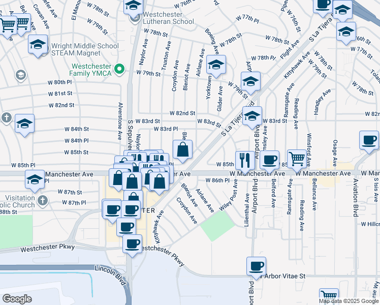map of restaurants, bars, coffee shops, grocery stores, and more near 8517 Flight Avenue in Los Angeles