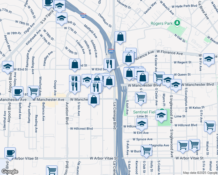 map of restaurants, bars, coffee shops, grocery stores, and more near 818 West Manchester Boulevard in Inglewood