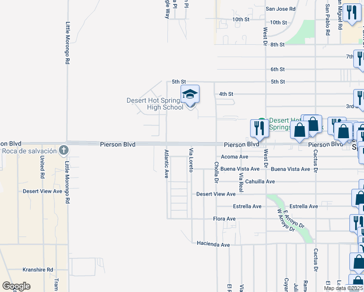 map of restaurants, bars, coffee shops, grocery stores, and more near 65568 Acoma Avenue in Desert Hot Springs