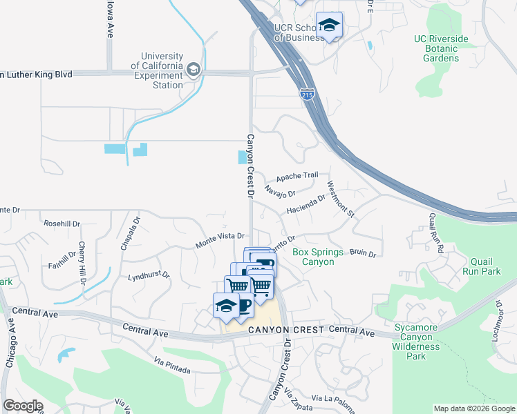 map of restaurants, bars, coffee shops, grocery stores, and more near 5050 Pearblossom Drive in Riverside