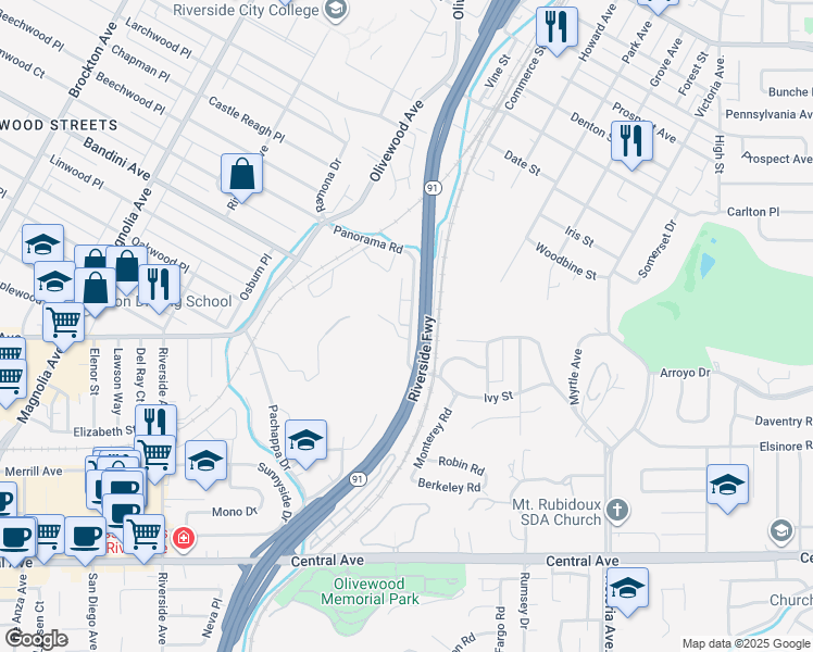 map of restaurants, bars, coffee shops, grocery stores, and more near 3076 Panorama Road in Riverside