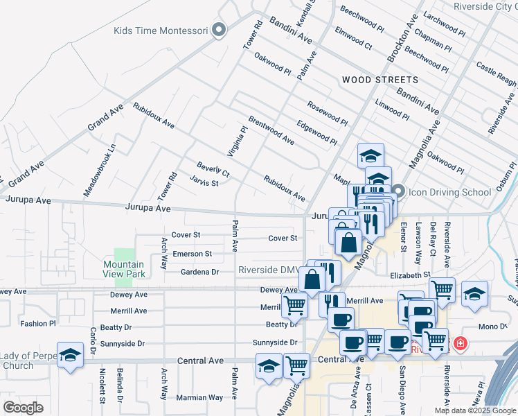map of restaurants, bars, coffee shops, grocery stores, and more near 4340 Beverly Court in Riverside