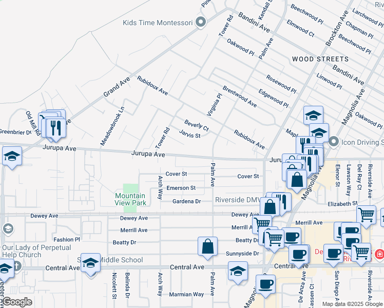 map of restaurants, bars, coffee shops, grocery stores, and more near 4603 Jurupa Avenue in Riverside