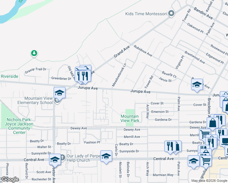 map of restaurants, bars, coffee shops, grocery stores, and more near 4881 Jurupa Avenue in Riverside
