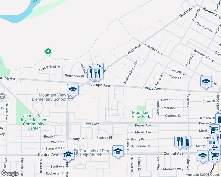 map of restaurants, bars, coffee shops, grocery stores, and more near 4985 Jurupa Avenue in Riverside