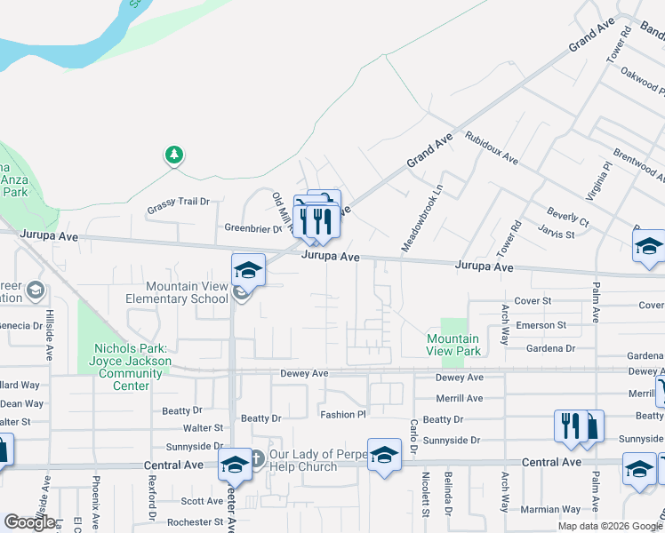 map of restaurants, bars, coffee shops, grocery stores, and more near 5092 Jurupa Avenue in Riverside