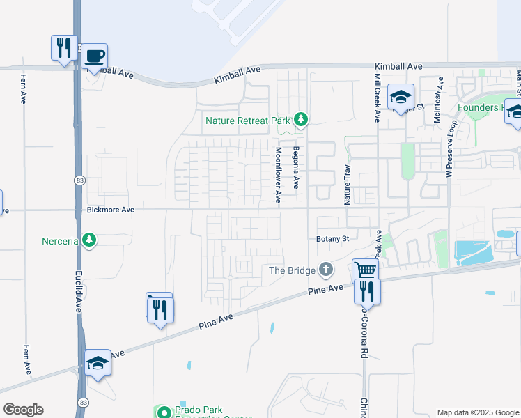 map of restaurants, bars, coffee shops, grocery stores, and more near 16087 Osprey Avenue in Chino