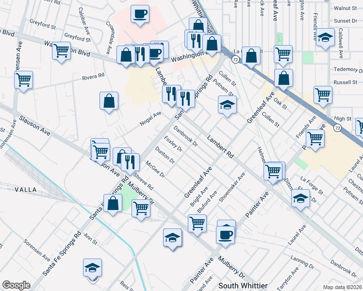 map of restaurants, bars, coffee shops, grocery stores, and more near 12716 Danbrook Drive in Whittier