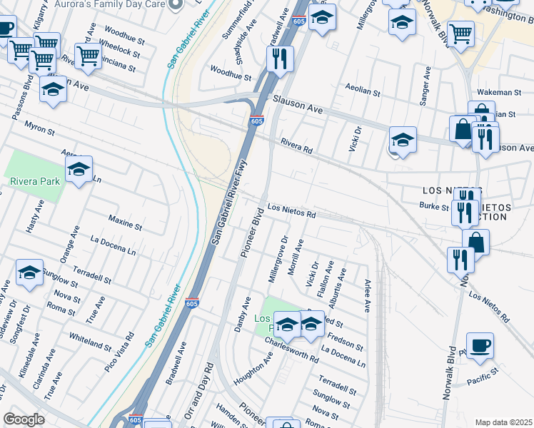 map of restaurants, bars, coffee shops, grocery stores, and more near in Santa Fe Springs