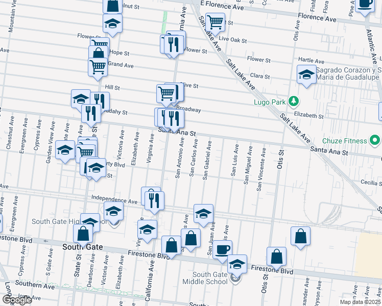 map of restaurants, bars, coffee shops, grocery stores, and more near 8137 San Carlos Avenue in South Gate