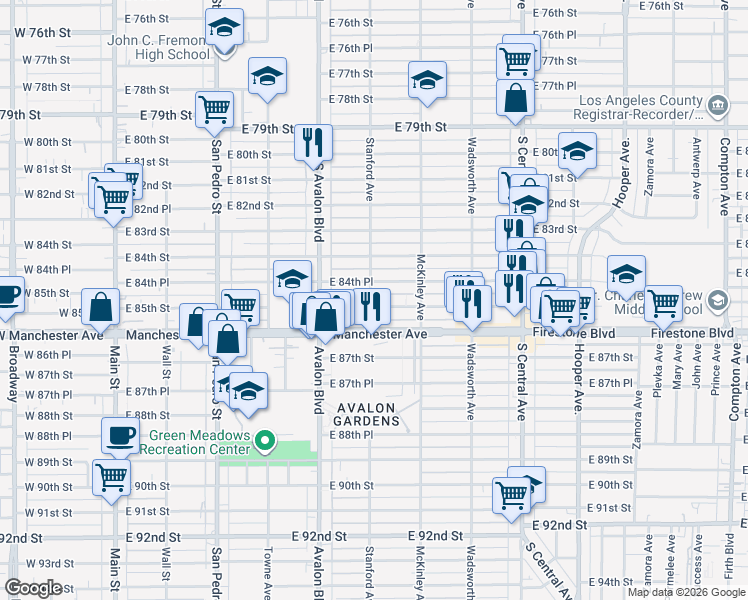 map of restaurants, bars, coffee shops, grocery stores, and more near 8463 Stanford Avenue in Los Angeles