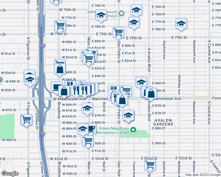 map of restaurants, bars, coffee shops, grocery stores, and more near 242 East 84th Place in Los Angeles