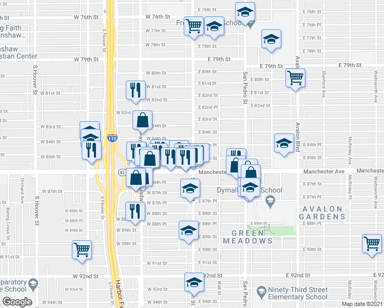 map of restaurants, bars, coffee shops, grocery stores, and more near 8464 South Main Street in Los Angeles
