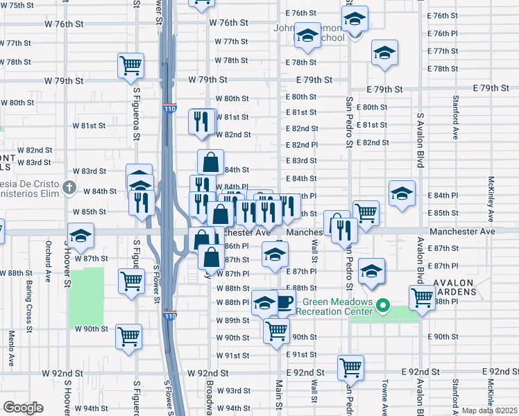 map of restaurants, bars, coffee shops, grocery stores, and more near 132 West 85th Street in Los Angeles