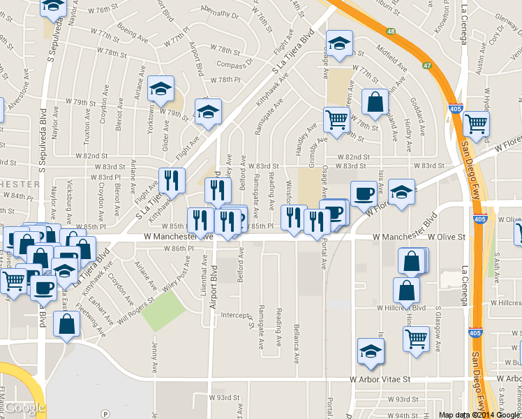map of restaurants, bars, coffee shops, grocery stores, and more near 8425 Ramsgate Avenue in Los Angeles