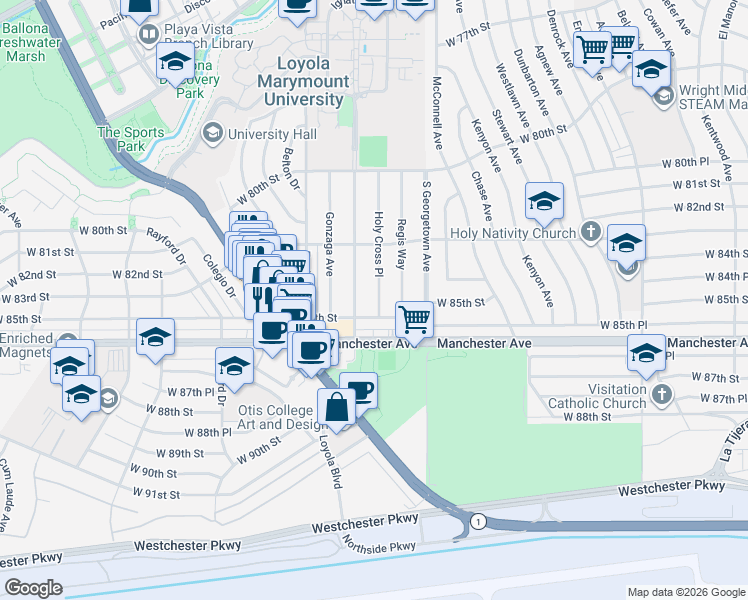map of restaurants, bars, coffee shops, grocery stores, and more near 8409 Holy Cross Place in Los Angeles
